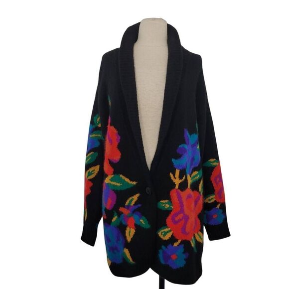 Vtg Rafaella Angora Rabbit Wool Sweater Cardigan Sz M Black Floral Granny Core - Picture 1 of 7